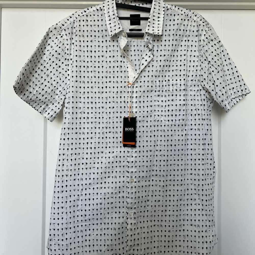 BOSS Men's White and Black Patterned Shirt